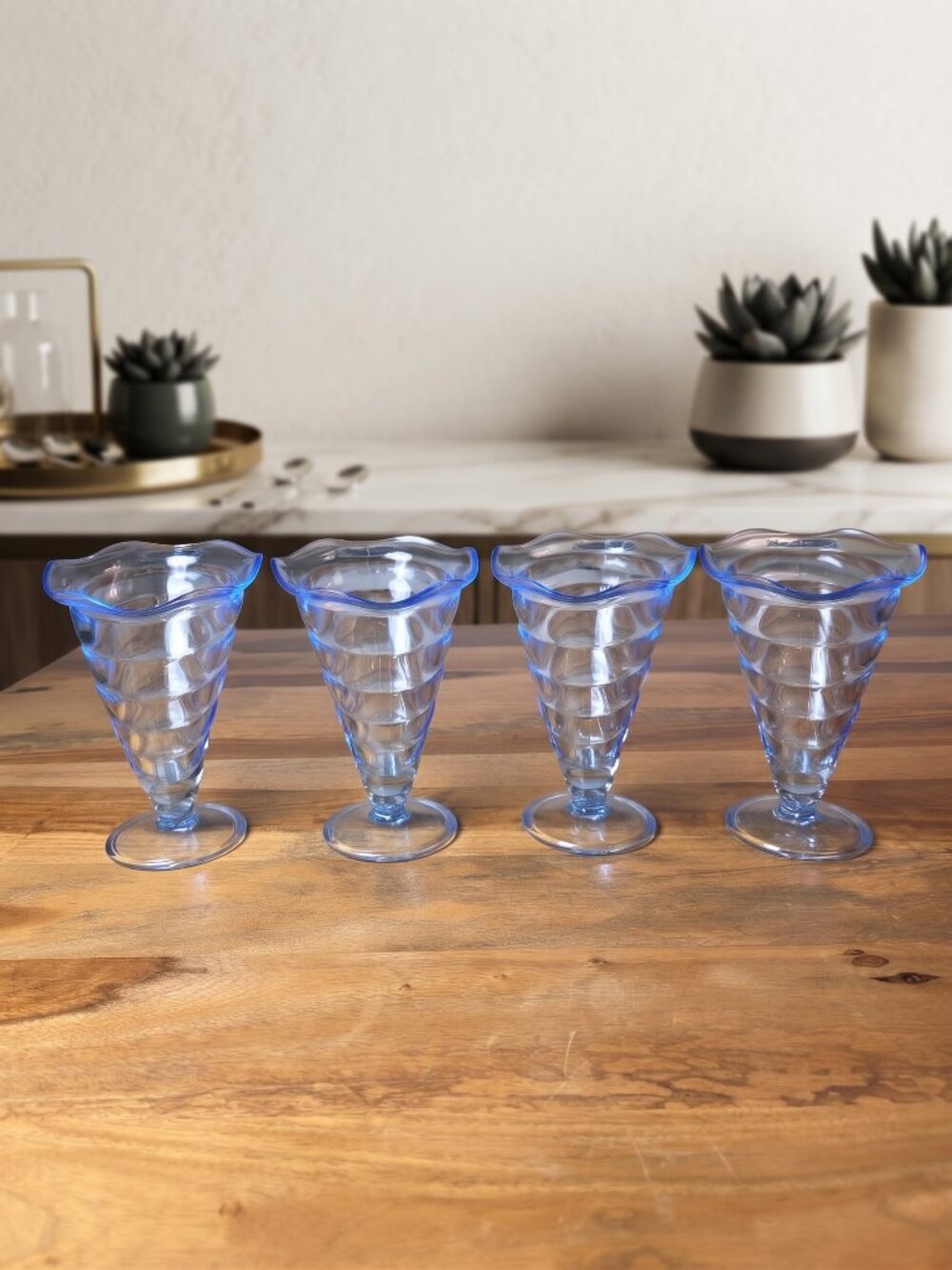 Set of 4 Vintage Blue Glass Sundae Dessert Cups Bormioli Rocco Made in Italy